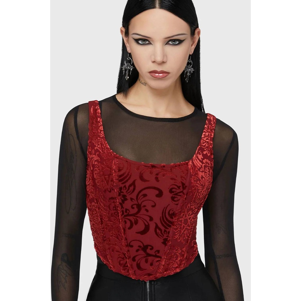 Killstar‎ Red Burnout Velvet Corset Top Damask Occult Pentagram Goth Bodice